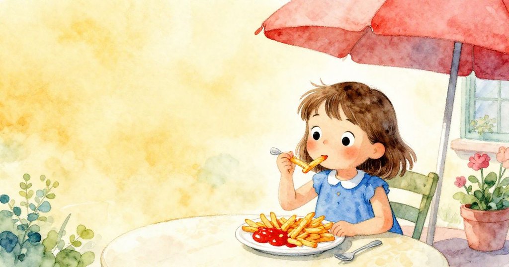 Mae欣賞著彩色餐盤,陽傘在微風中搖曳,露台上呈現意外美味與溫馨滿足氛圍。