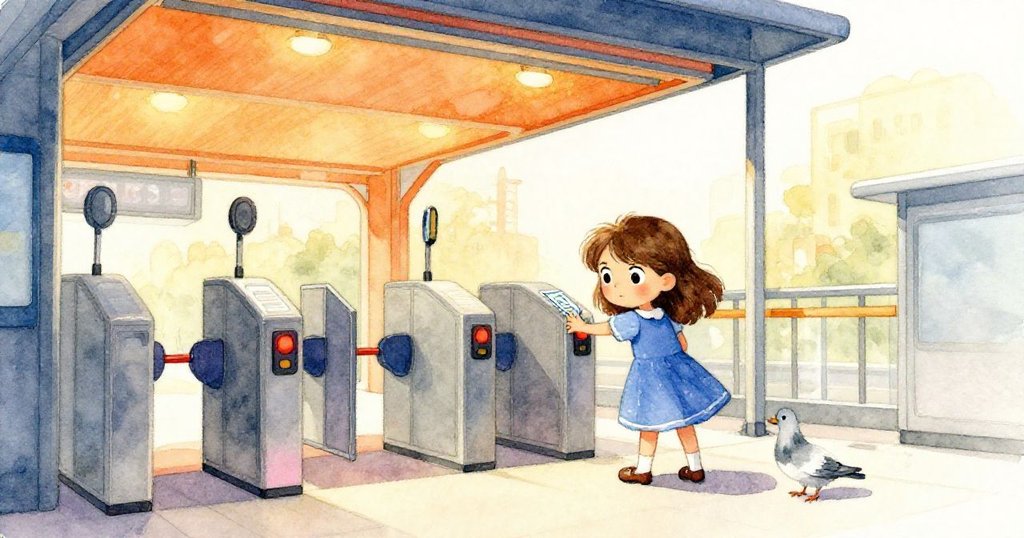 Viola在現代車站入口使用票卡，鴿子在腳邊嬉戲，紅色旋轉門和明亮色調映出門口動感。