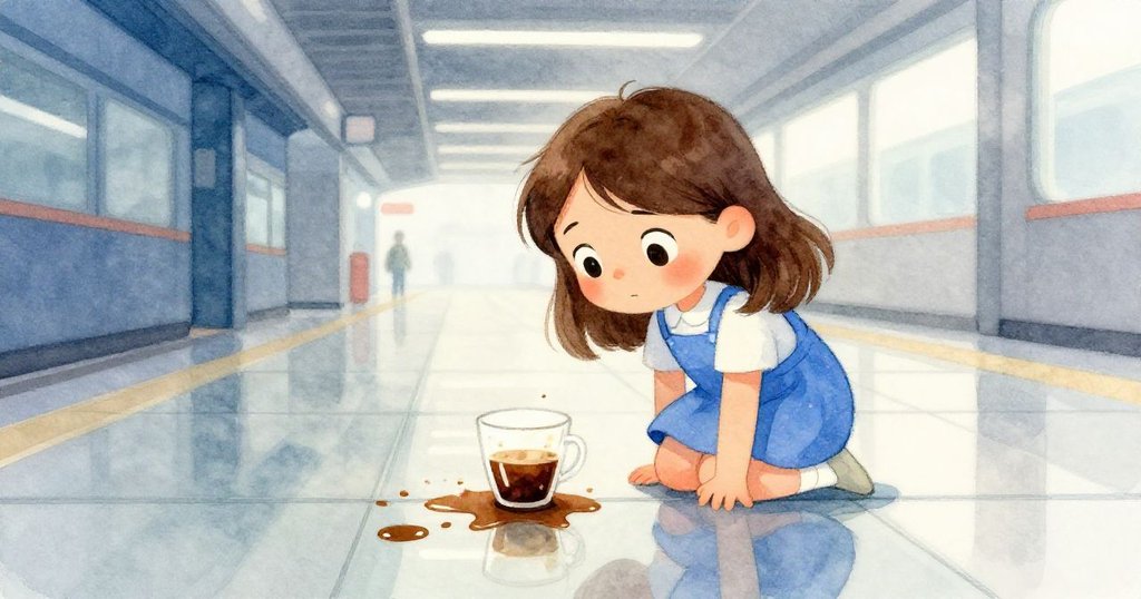 Viola注視玻璃地面上咖啡濺出的光影，映出她專注神情，現代車站氛圍與柔和藍灰色調交織。