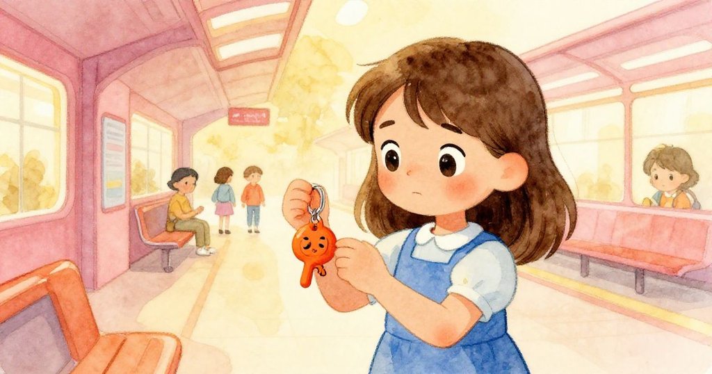 Viola輕觸學校製作的橙色陶土鑰匙圈，畫面溫暖懷舊，車站背景柔和金黃呈現回憶氛圍。