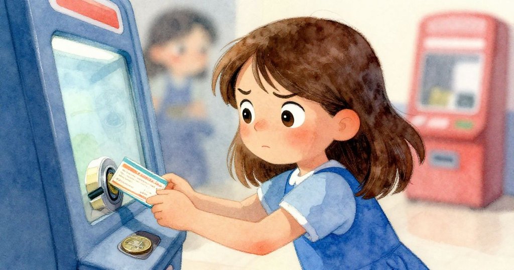 Viola專注推動卡住的硬幣，臉上表情混合著擔憂與堅定，細節呈現她與車站再充電機的瞬間鬥爭。