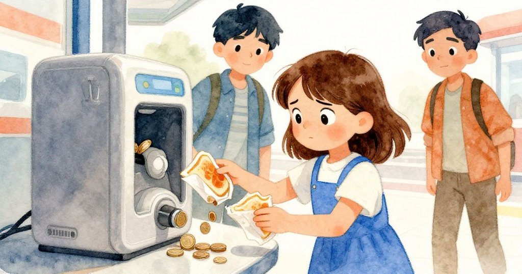 Viola堅定操作再充電機，投入硬幣並用摺好的包裝阻止咖啡流動，同時看向明亮顯示屏，Blake在旁關注。