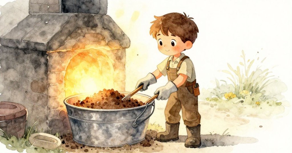 喬納斯在溫暖夕光下於院子工作，用手握著有土的金屬桶，背景中微光爐窯散發出安全的光芒，表現初始情境。