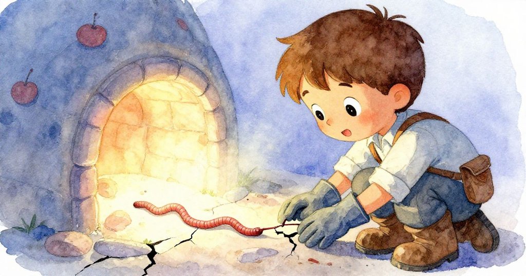 喬納斯特寫鏡頭中專注檢查窯裂縫，臉上流露著關切與好奇，微小蚯蚓正從中探出身影，細節豐富。