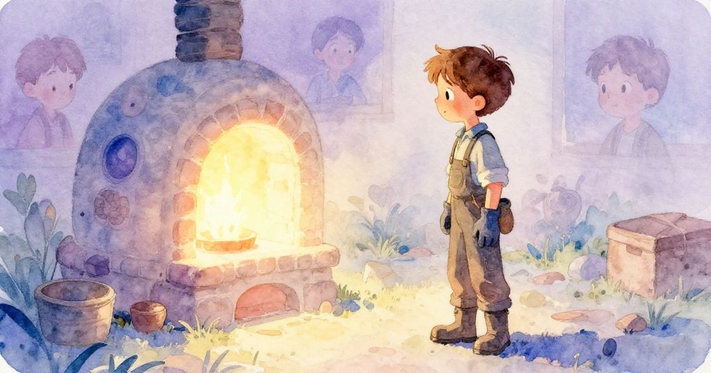 喬納斯在略帶懷舊色調的工作區中凝思，窯邊溫柔回憶浮現，柔和光影交織出過去與現在的細膩情懷。