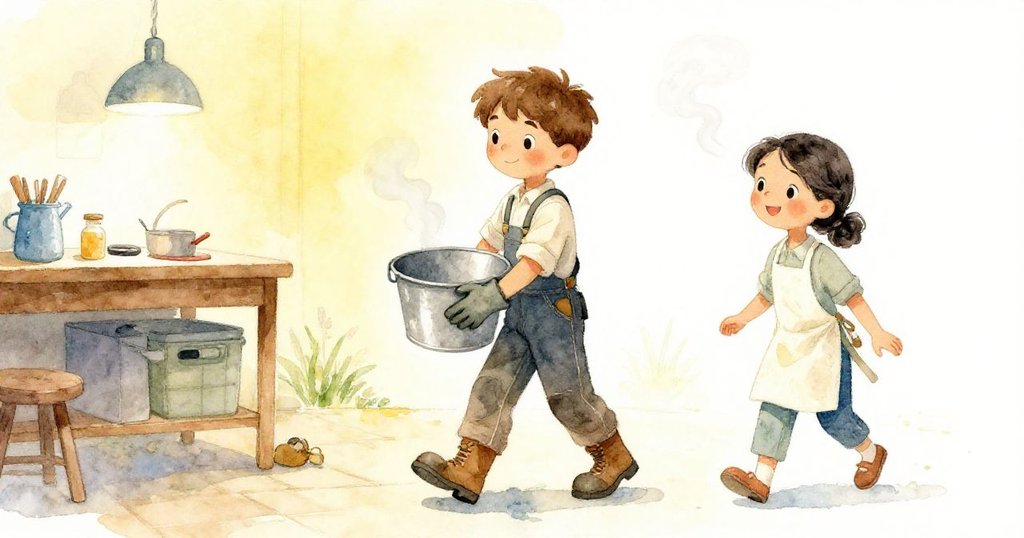 喬納斯與拉克在窯邊工作室中圓滿結局，喬納斯提著空金屬桶，拉克帶著笑容迎上，一陣輕柔蒸氣襯出溫暖平靜的氛圍。