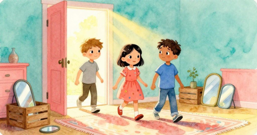 懷亞特、艾妲和皮爾斯在明亮房間門口邁入室內，陽光灑落，映照出快樂探索與新奇情緒。