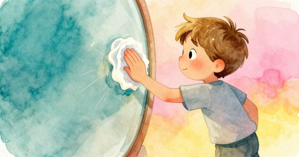 懷亞特專心用袖口輕輕擦拭鏡面，細微刮痕映出微光，場景細膩表現出求知與認真神情。