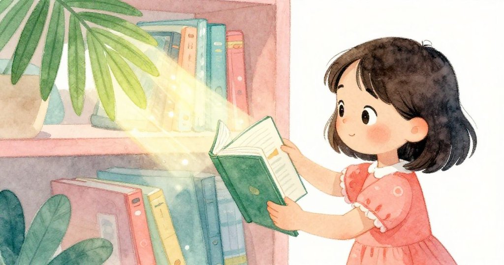 艾妲輕柔撬起書本下的小楔，鏡中反射出遊走的陽光與陰影，細膩刻畫溫柔調整的勇氣。