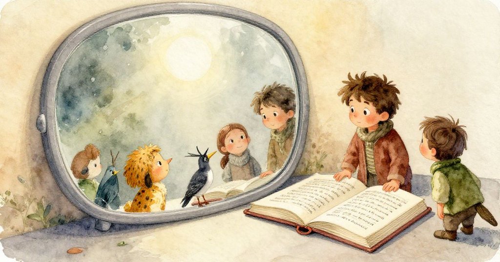 窗外藍天與飄落樹葉映入室內，房間內暖光柔和，營造出室內外對比與季節更迭的溫馨意境。