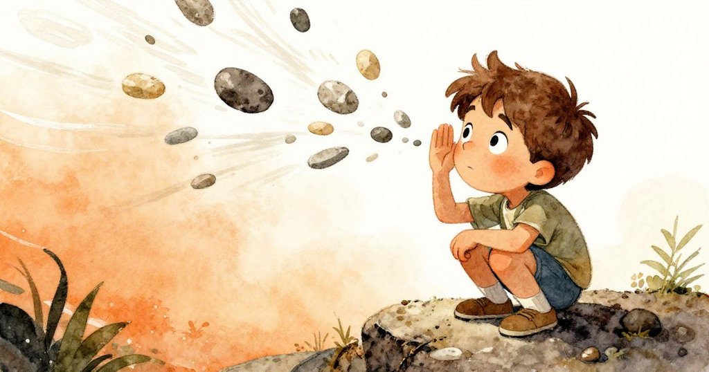 Ned趴在岩石上，傾聽風吹動鵝卵石的聲音，背景呈現橙色與棕色調，表情充滿驚奇與專注。