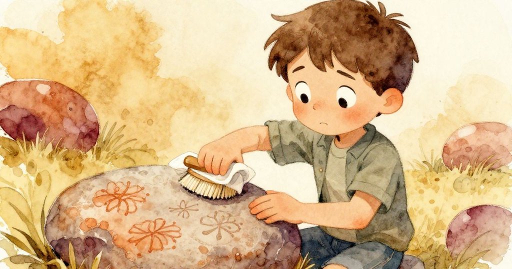 Ned用布仔細清理一塊石盤，石面上有古舊痕跡，背景呈現金黃與銅色調，神情充滿好奇與專注。