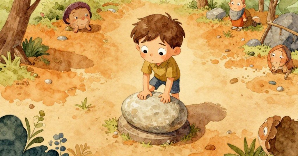 從高處俯瞰，Ned正小心旋轉橢圓石以搭建石塔，背景呈現芥末與橘色調，神情堅定。