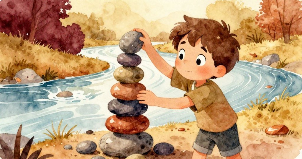 Ned正將石塊小心疊放於中腿高度的石塔上，旁邊河中石子跳躍，背景呈現酒紅與金黃調，氣氛充滿活力。