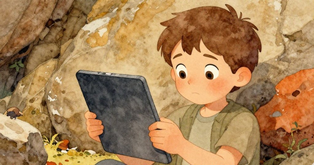 Ned正專注地檢查從河中撿來的石板，手中的細節特寫展現古樸岩石背景，神情充滿決斷與好奇。