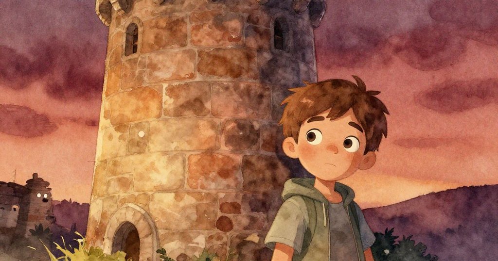 夕陽下Ned坐在大石旁，望著高聳的石塔，遠處鐘聲隱約傳來，背景呈現銅色與金黃調，表情滿足且沉靜。