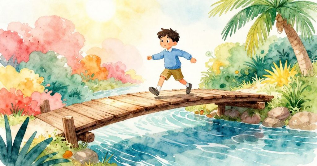 奧斯卡踏上傾斜木橋，背景溪流閃爍、鴨子低飛，臉上充滿期待與好奇，開始新冒險。