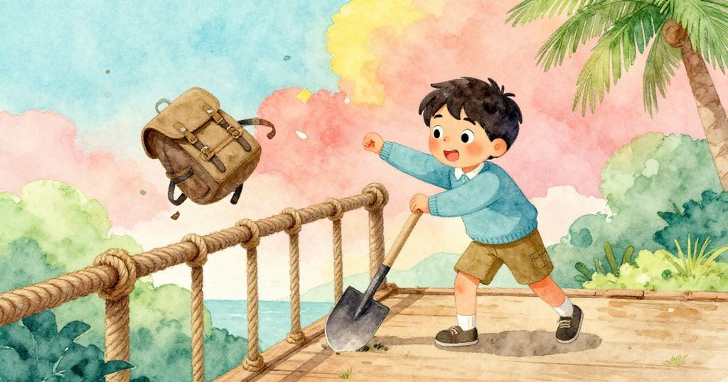 奧斯卡行走中，木橋上麻繩、背包與鐵鍬碰撞，細節展現平衡與轉折，意味著冒險挑戰。