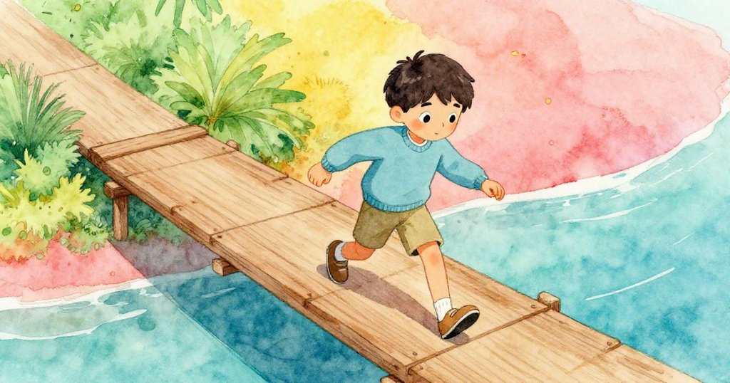 從高處俯瞰，奧斯卡在搖晃木橋上小心前行，細節呈現專注與微妙平衡，動作充滿決心。