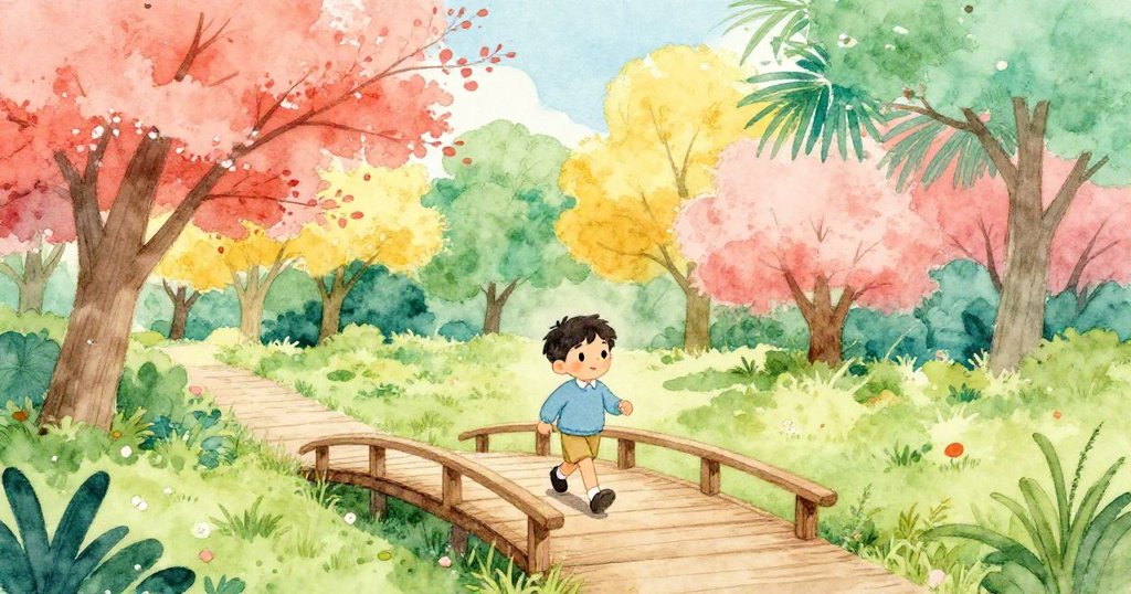 奧斯卡穿越木橋，四周綠意盎然、光影斑駁，溫暖季節景致映襯其心中平靜與堅持。