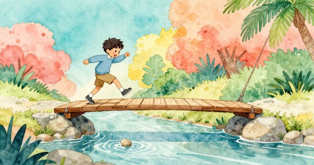 奧斯卡穩步走上對岸石頭，臉上流露輕鬆與微笑，小石順流而下暗示著未完冒險。