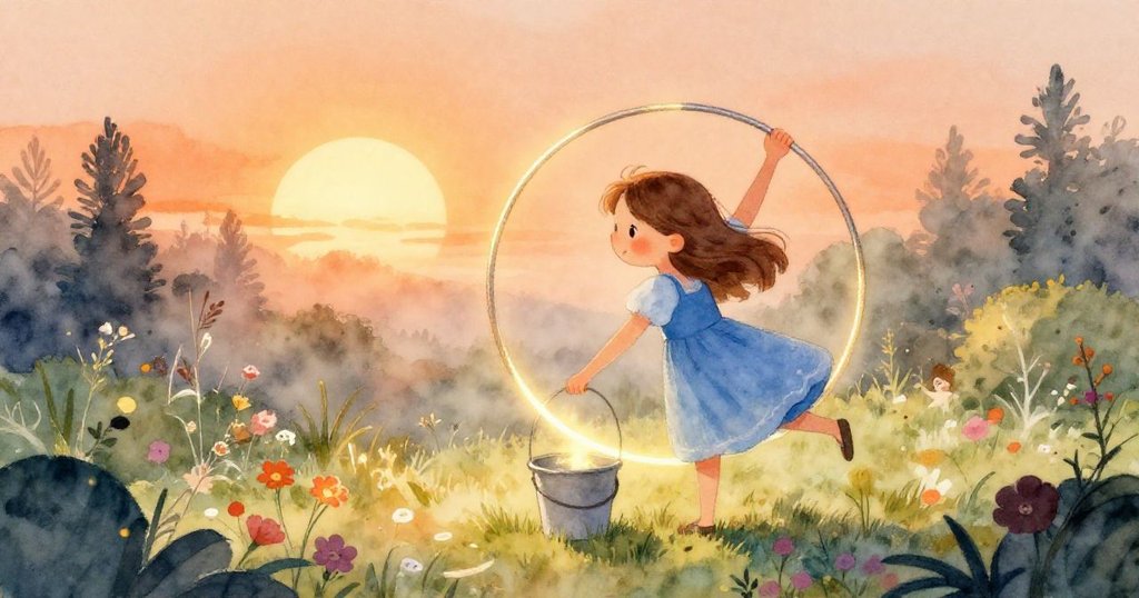 女孩在晨霧中操作鐵環，藍裙與溫柔日光映照花園，充滿期待，準備開始她的巧手工作。