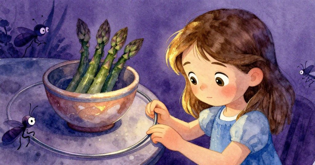 從小生物視角看見女孩專注修整鐵環凹凸處，她細心動作與陶瓷碗中蘆筍增添溫馨工作氛圍。