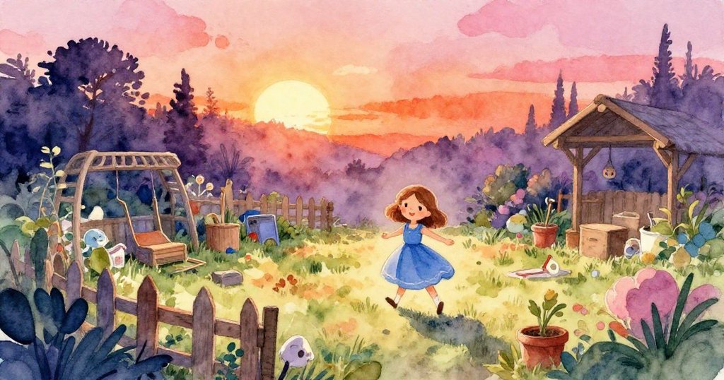 從高處俯瞰陽光花園，女孩於藍裙中輕盈行走，工具散落地面，圍欄和暖色光影交織，動感與和諧共存。