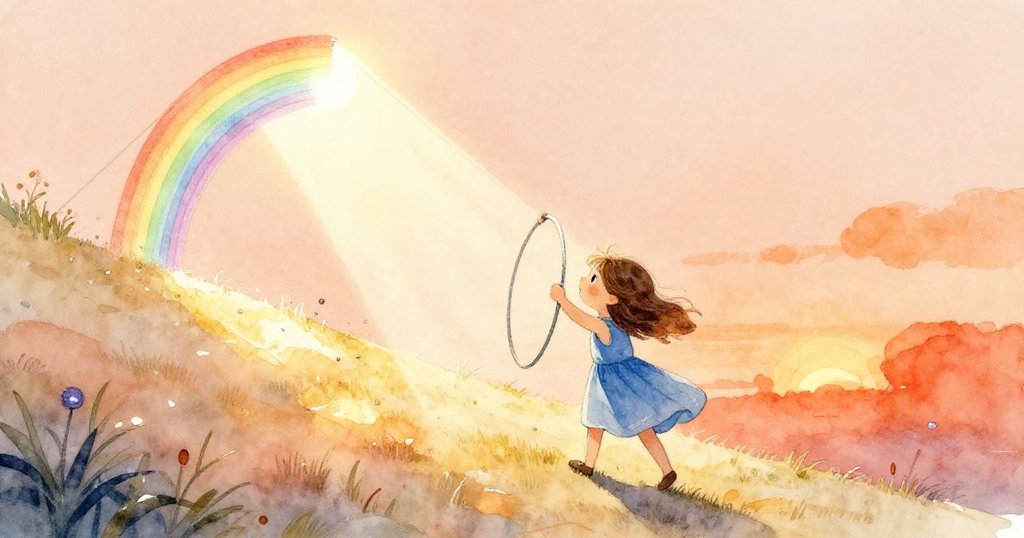 結局時女孩輕推鐵環，彩膜穩定中陽光灑落，珠子順坡而下，臉上流露出滿足微笑，平和甜美。