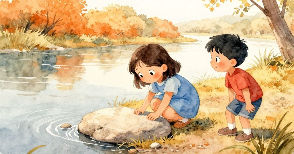 在陽光明媚的河岸邊，Kira蹲下仔細觀察橢圓石；Lark站在旁邊好奇觀看，河水閃爍、碎石散落，景致溫暖。