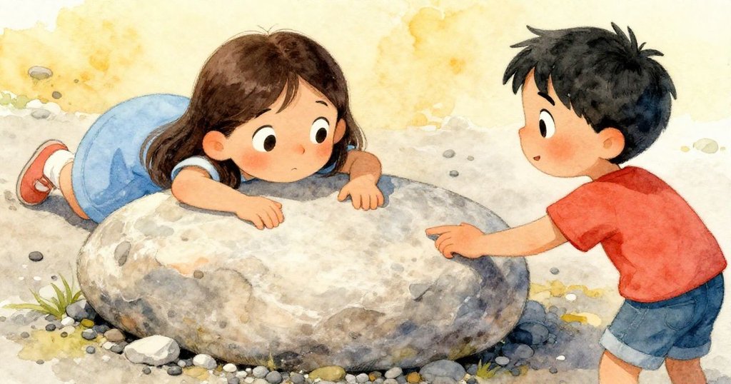 Kira用指尖輕敲橢圓石，Lark的袖子輕觸石面，石頭細節豐富，兩人互動顯露溫馨與好奇。