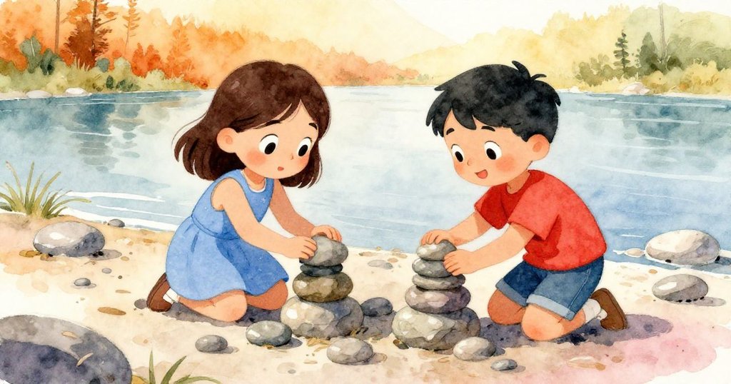 Kira仔細堆疊圓潤石塊，Lark整理細石支撐塔基，兩人協作建塔，背景河岸細節豐富，充滿創作活力。