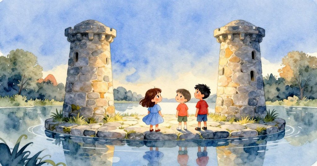 在平靜淺水中，Kira與Lark建造的雙塔倒映清晰，遠方划板聲微妙響起，河岸景致靜謐安然。