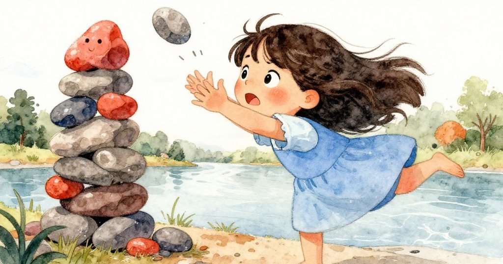 Kira迅速伸手救下即將落下的石塊，塔身微搖，她眼中充滿驚訝與決心，瞬間動作凝固，情感強烈。