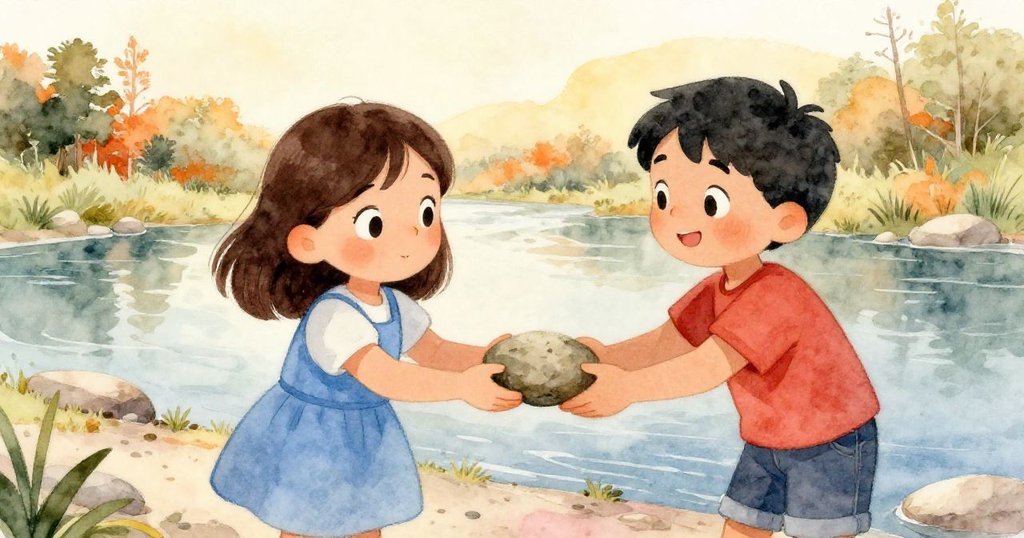 Kira將救回的石盤遞給Lark，Lark微笑接納並嵌入石塔中，兩人協作互助，河岸景致平和美好，結局溫馨。