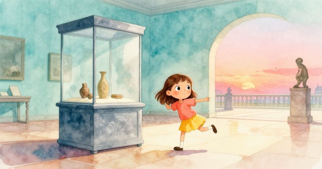 霍普走進光線柔和的博物館，她站在拋光石地面前，背景中銀藍展示櫃閃耀，表情充滿期待與興奮。