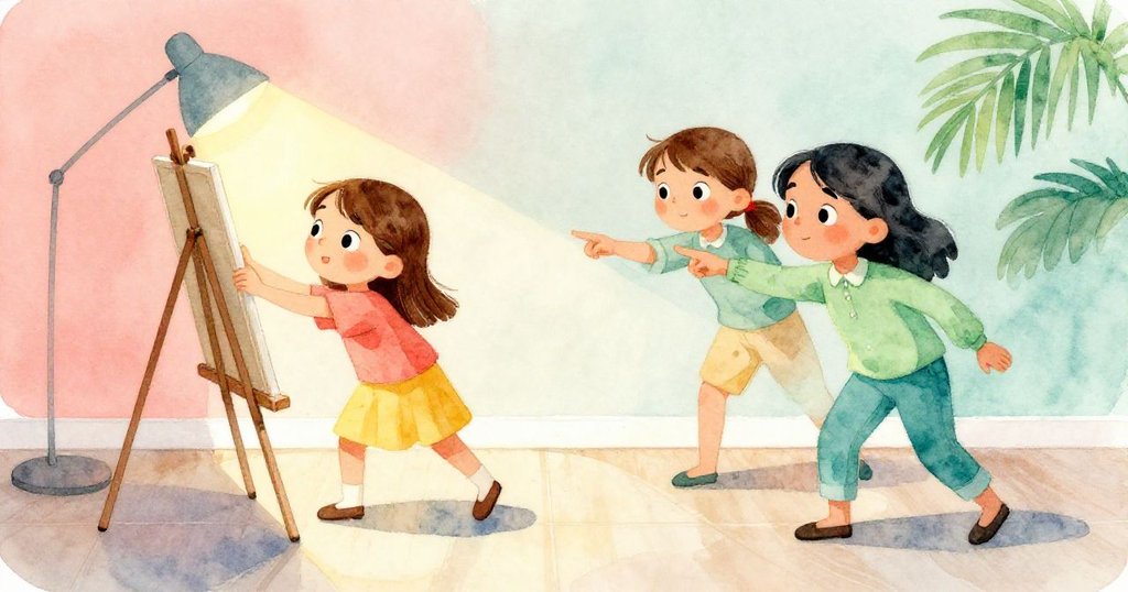 霍普正專注地調整畫架，柯拉輕觸肩膀指向地上陰影，燈光明暗交錯，兩人神情堅定。