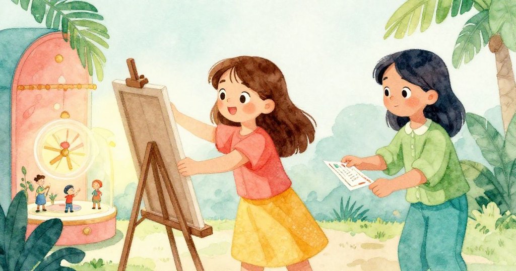 霍普細心地降低畫架角度，柯拉靜靜調整票紙，燈光隨時間變幻，場景逐步過渡。