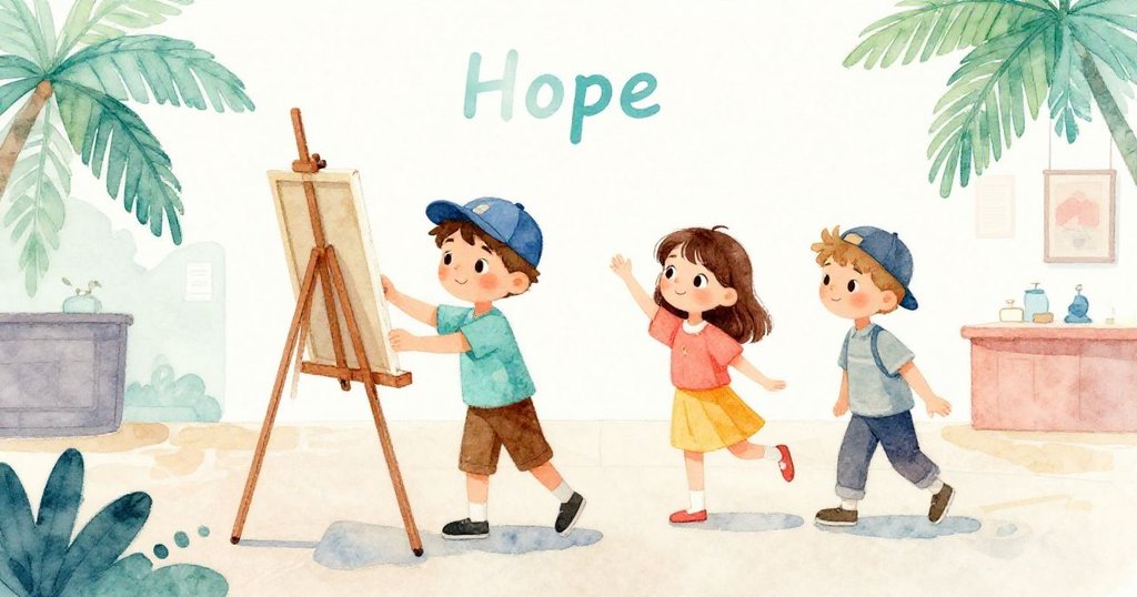 藍帽男孩進場將新紙放上備用畫架，霍普微笑觀看，博物館內充滿寧靜與新創意氣息。