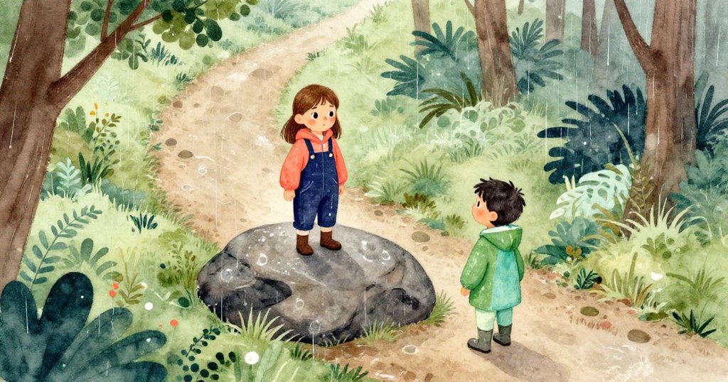 格蕾塔與阿莫斯在雨中小徑上行走,遠處可見打滑的平石,兩人神情堅定,森林景致清晰展現冒險開始。