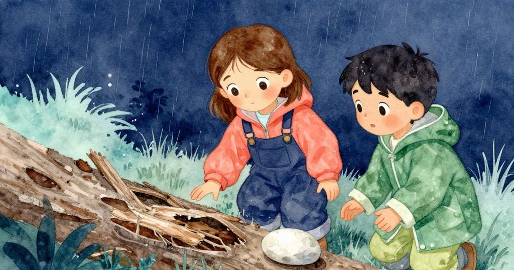 格蕾塔正在撥弄粗糙樹皮碎片,阿莫斯展示圓潤石頭,兩人在雨中努力製作穩固平台,細節豐富自然背景。