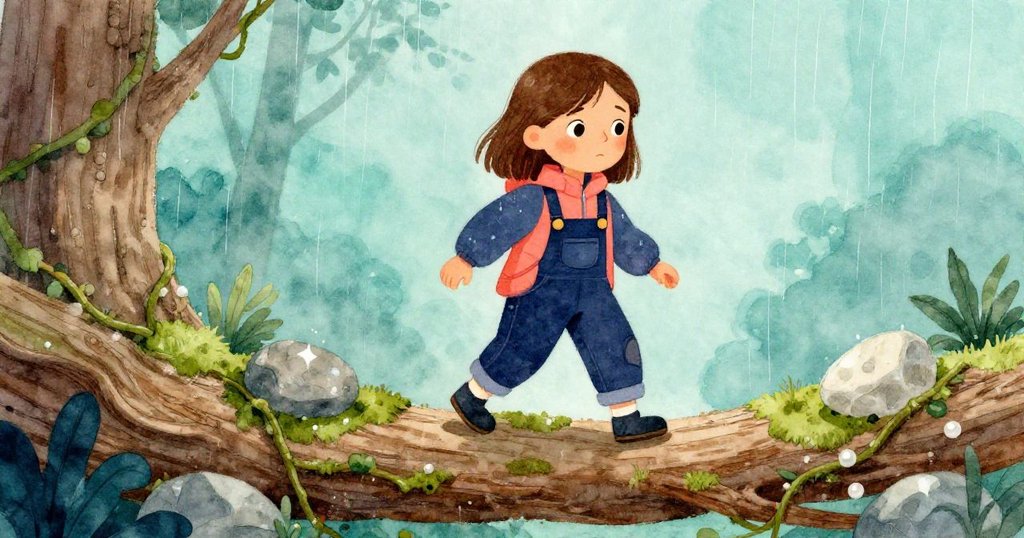 格蕾塔小心翼翼跨上由樹皮、石塊和藤蔓組成的臨時平台,背景為滑溜苔蘚原木,神情專注勇敢。