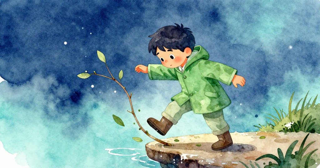 阿莫斯小心跟隨,靴子踢動脆弱枝條,碎葉散落,雨中自然平台上呈現微妙動態與緊張氣氛。