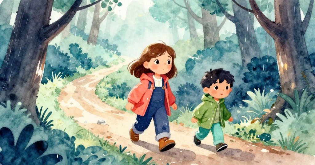 格蕾塔與阿莫斯揮手告別潮濕險途,走向乾爽堅實的地面,臉上流露出成功喜悅,背景轉明暖光。