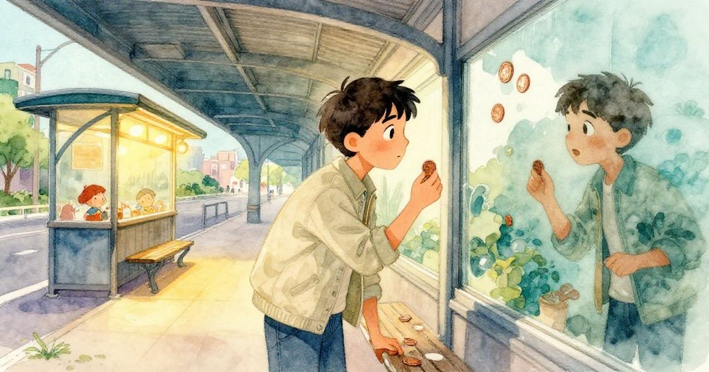 格倫手持銅幣進入候車避難所，玻璃中映出他充滿期盼與柔情的面容，背景有步行的人與光影交錯。