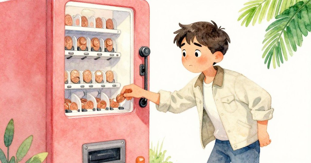 格倫專注地將一枚銅幣投入自動販賣機，機械卡住未放出杯子，他的手與機器細節清晰呈現。