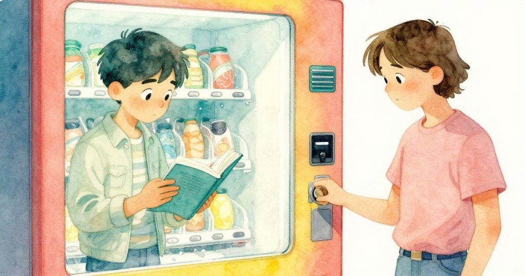 約克靠在柱子上閱讀，自動販賣機玻璃中映出他的沉思與格倫的決心，兩人神情交錯，充滿好奇。