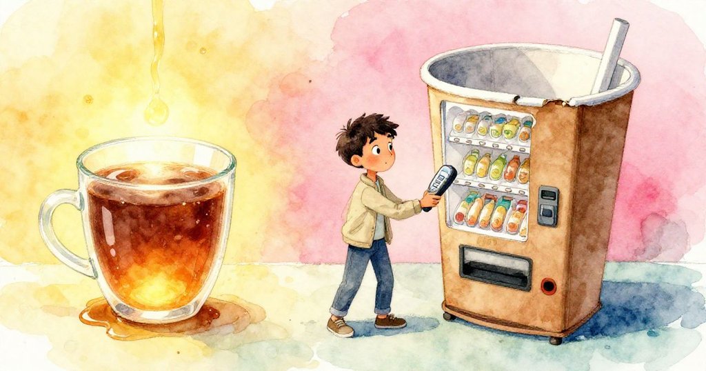 格倫站在理想與現實交界，幻想中蜜色可可杯與真實歪斜紙杯同框，表情充滿掙扎與靈感。