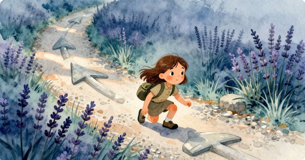 丹娜在斜角畫面中蹲下小心避開薰衣草叢，仔細觀察石徑排列，表情專注，開啟冒險旅程。