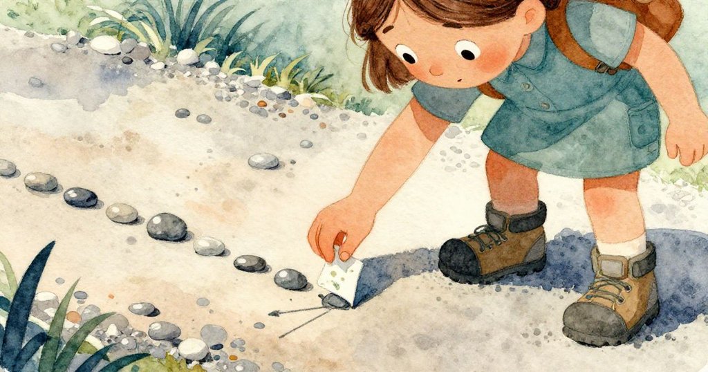 丹娜用手在小本子上迅速記下石徑排列細節，特寫展示筆觸與古舊石紋，氛圍神秘。